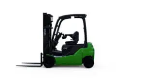 Groene CESAB B418 elektrische heftruck, zijaanzicht op witte achtergrond. — Prins Maasdijk
