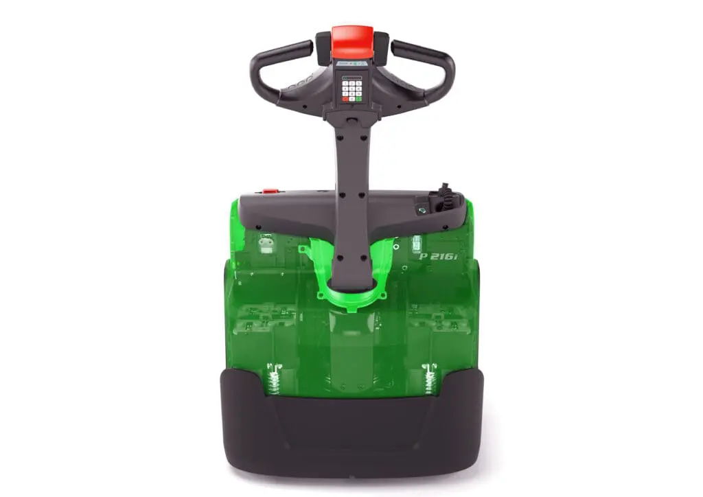 CESAB P216i elektrische palletwagen transparante doorsnede met zichtbare lithium-ion accu opbouw, vooraanzicht op witte achtergrond | Prins Maasdijk