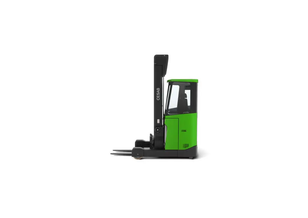 CESAB R300 elektrische reachtruck met gesloten cabine in groen, zijaanzicht op witte achtergrond | Prins Maasdijk