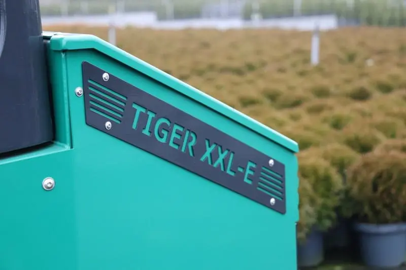 Close-up van het "Tiger XXL-E" naamplaatje op de groene romp, met planten op de achtergrond. — Prins Maasdijk