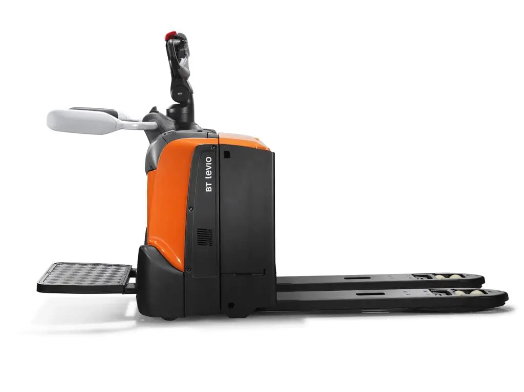 Toyota BT Levio LPE200B elektrische palletwagen met rijplatform ingeklapt, zijaanzicht