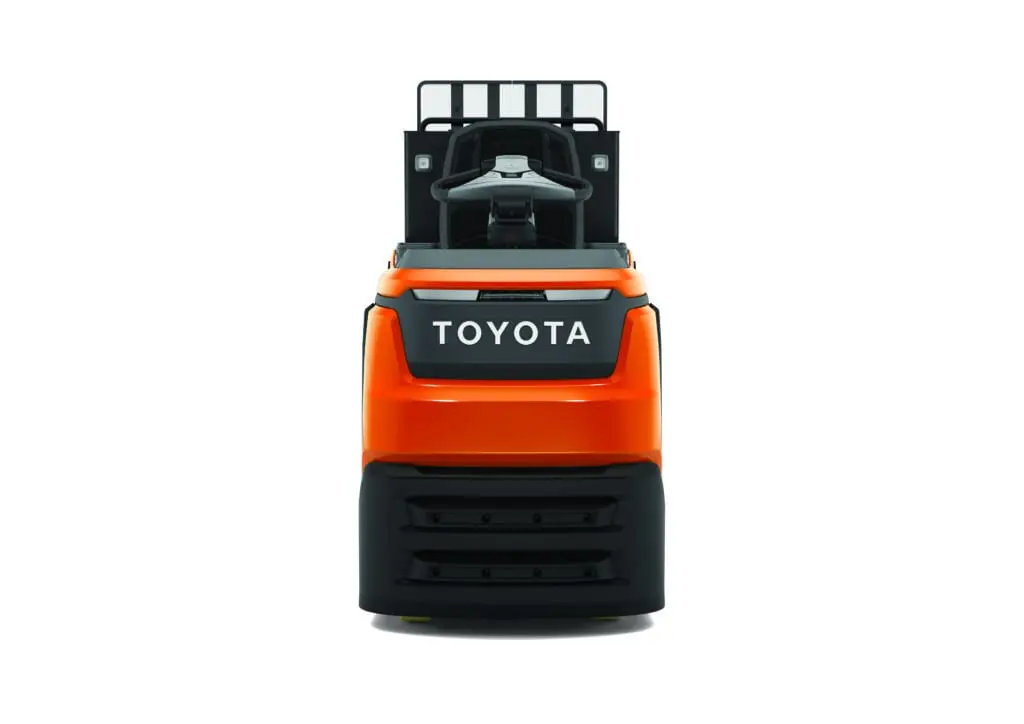 Toyota BT Optio OSE120P elektrische orderpicker vooraanzicht met rijplatform en veiligheidshek op witte achtergrond | Prins Maasdijk