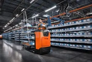 Magazijnmedewerker pickt orders met Toyota BT Optio N-serie TSE100W orderpicktruck met rolcontainer in distributiecentrum | Prins Maasdijk